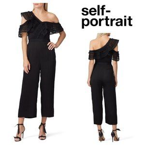 NWT Self-Portrait One Shoulder Frilled Cropped Jumpsuit in Black
